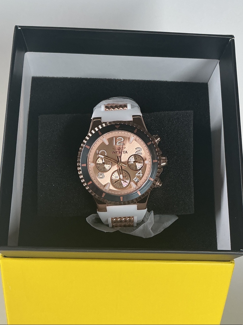 Invicta women’s Rose Gold Dial White Strap Watch with Black Accent - 36910